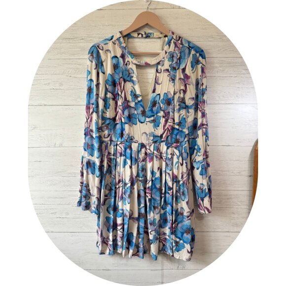Free People Tegan Blue Floral Long Sleeve Mini Dress - Picture 2 of 4